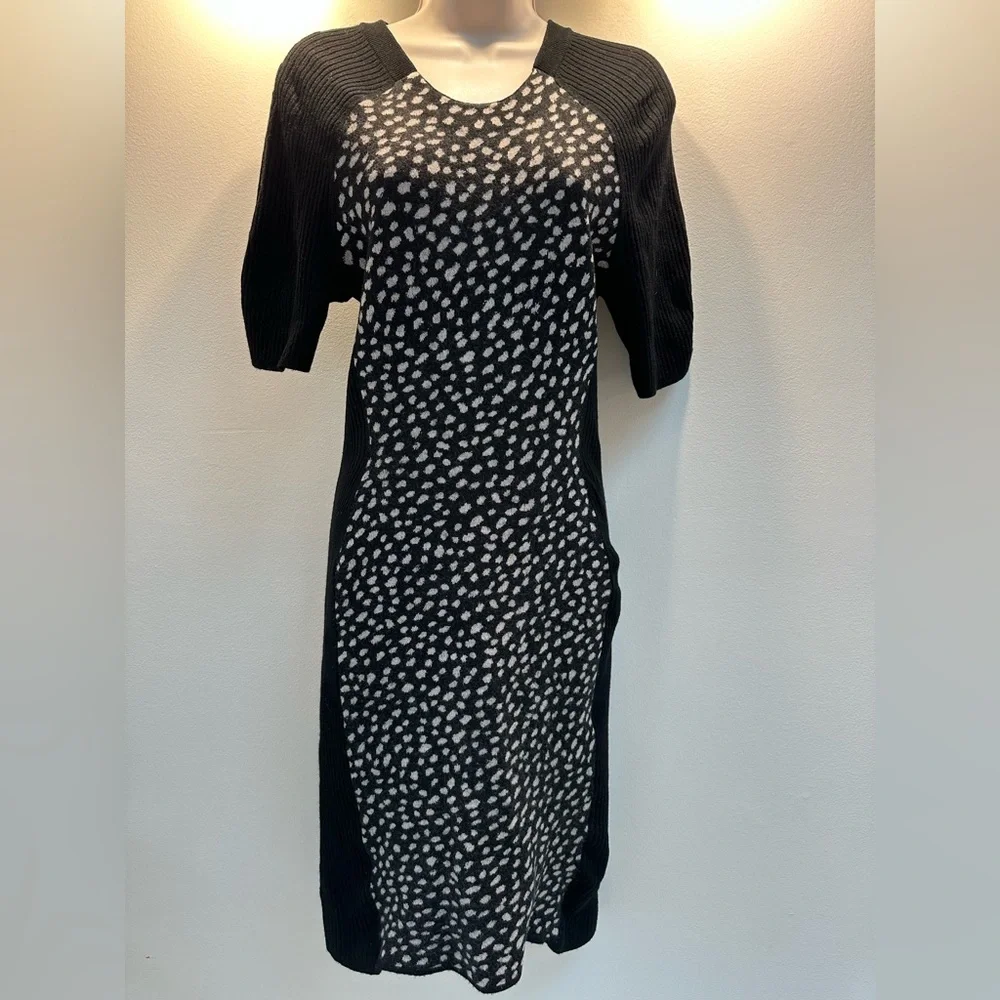 Tory Burch Gemma Polka Dot Sheath Dress Black White Merino Wool Size L